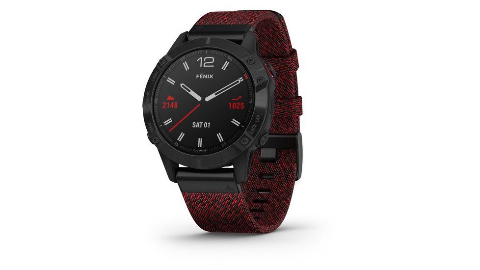 Garmin Fenix 6 Sapphire Multisport Fitness Watch, Black DLC w/Red Nylon Band, 010-02158-16