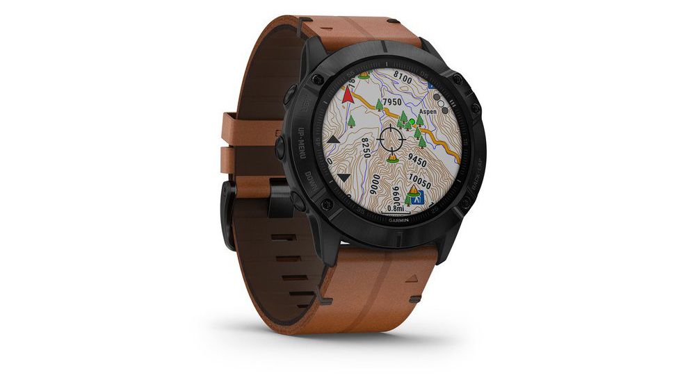 Garmin Fenix 6X Sapphire Multisport GPS Smartwatch, Black DLC w/Brown Leather Band, 010-02157-13