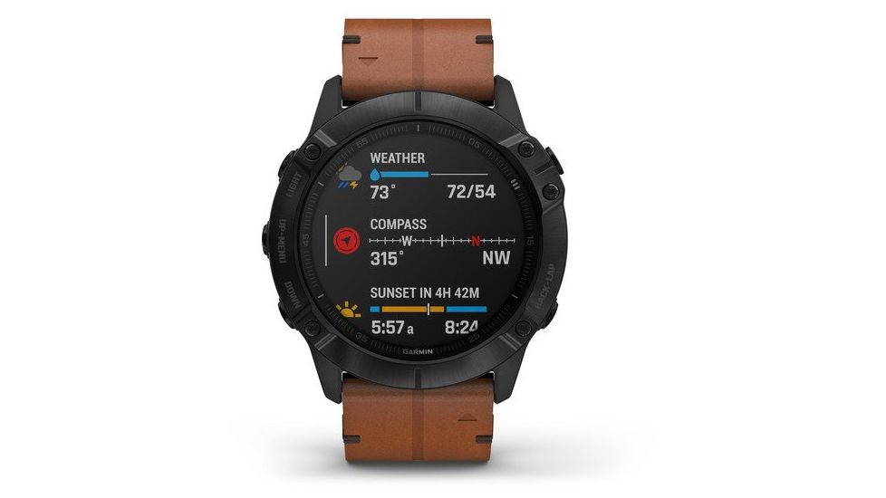 Garmin Fenix 6X Sapphire Multisport GPS Smartwatch, Black DLC w/Brown Leather Band, 010-02157-13