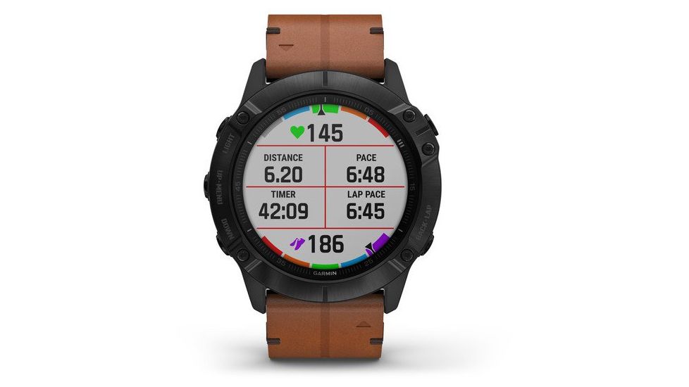 Garmin Fenix 6X Sapphire Multisport GPS Smartwatch, Black DLC w/Brown Leather Band, 010-02157-13