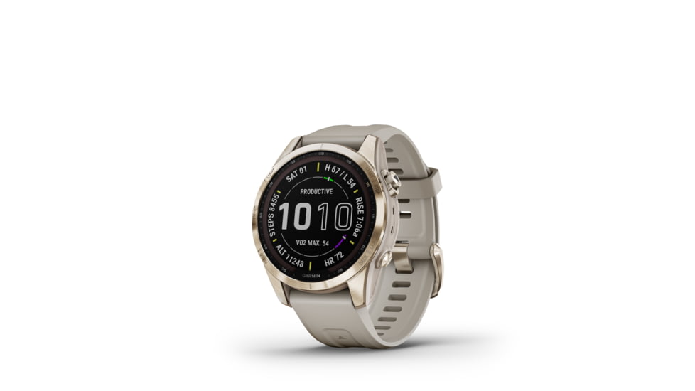 Garmin Fenix 7S Sapphire Solar Watch, Cream Gold Titanium Case, Sand Band, 010-02539-20