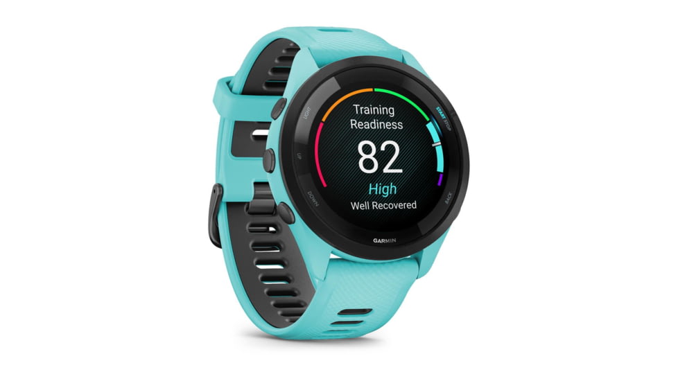 Garmin Forerunner 265 Watch, Black Bezel w/ Aqua Case and Aqua/Black Silicone Band, 010-02810-02