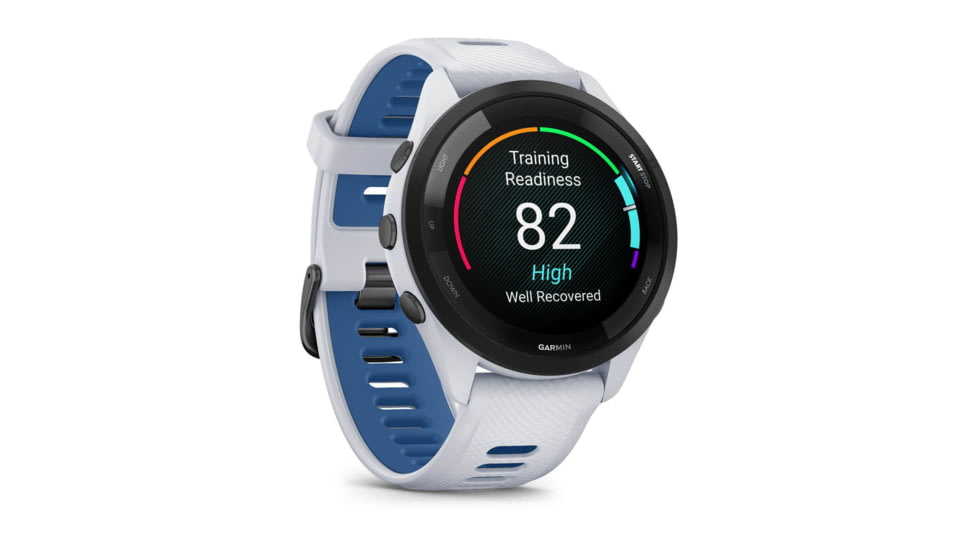 Garmin Forerunner 265 Watch, Black Bezel w/ Whitestone Case and Whitestone/Tidal Blue Silicone Band, 010-02810-01