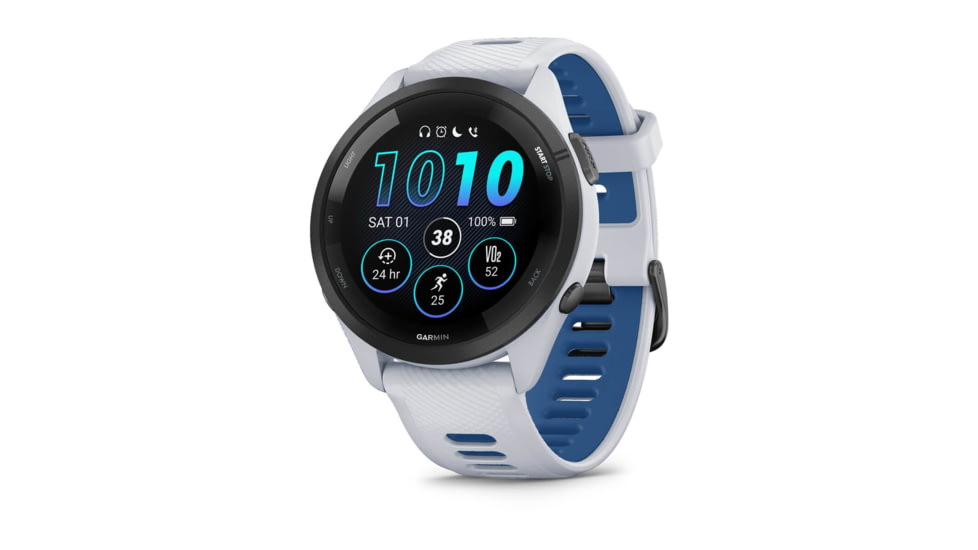 Garmin Forerunner 265 Watch, Black Bezel w/ Whitestone Case and Whitestone/Tidal Blue Silicone Band, 010-02810-01