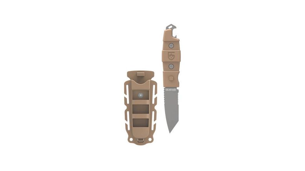 Gear Aid Kotu Tanto Survival Knife w/ Quick Release Sheath and Removable Belt Clip, Titanium-coated 3in Blade, Acetal Handle, Coyote MCN 62045