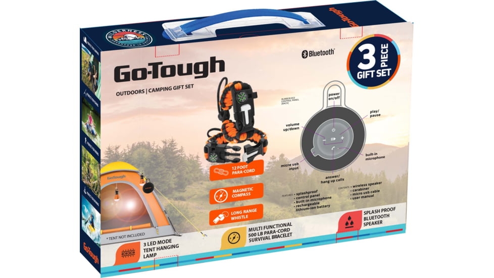 Go-Tough 3 Piece Camping Gift Set - Splashroof Wireless Speaker, Watch, 3 Led Mode Tent Lamp, Multicolor, Small, GT7015
