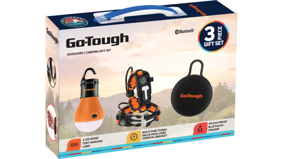Go-Tough 3 Piece Camping Gift Set - Splashroof Wireless Speaker, Watch, 3 Led Mode Tent Lamp, Multicolor, Small, GT7015