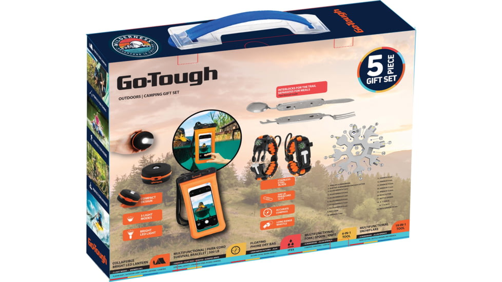 Go-Tough 5 Piece Camping Gift Set - Phone Pouch, Collapsible Lantern, Fork/Spoon/Knife, Snowflake Tool, Watch, Multicolor, Small, GT7082