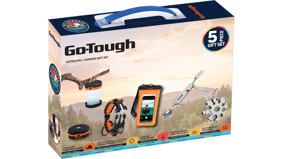Go-Tough 5 Piece Camping Gift Set - Phone Pouch, Collapsible Lantern, Fork/Spoon/Knife, Snowflake Tool, Watch, Multicolor, Small, GT7082