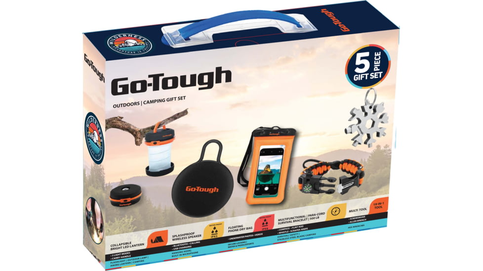 Go-Tough 5 Piece Camping Gift Set - Wireless Speaker, Collapsible Tent Lantern, Phone Pouch, Watch, Snowflake Tool, Multicolor, Small, GT7085