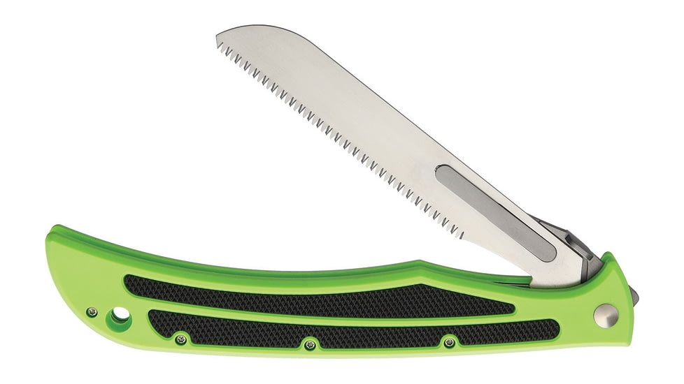 Havalon Baracuta Linerlock SawFolding Knife, 4.38in Satin Serrated SS Blade, Green Polymer Handle, Black Rubber Handle Inserts, Comes w/ Two Additional Saw Blades, Black Nylon Sheath, XTI-115BZSW-GX