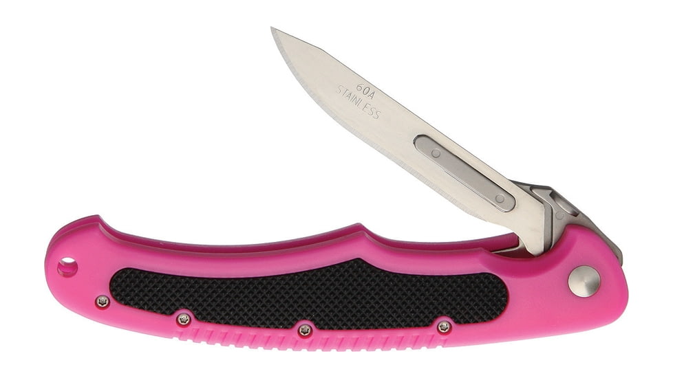 Havalon Piranta Bolt Linerlock Pink Folding Knife, 2.75in Satin SS Blade, Pink ABS Handle, Black Rubber Handle Insert, 12 Additional #60A Blades, Black Nylon Sheath, XTI-60ABOLT-PK