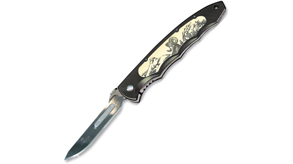 Havalon Piranta Quik-Change Folding Knife, 2.75in, Stainless Skinner Blade, Black Aluminum Handle, Big horn laser scrimshaw artwork HV60BH