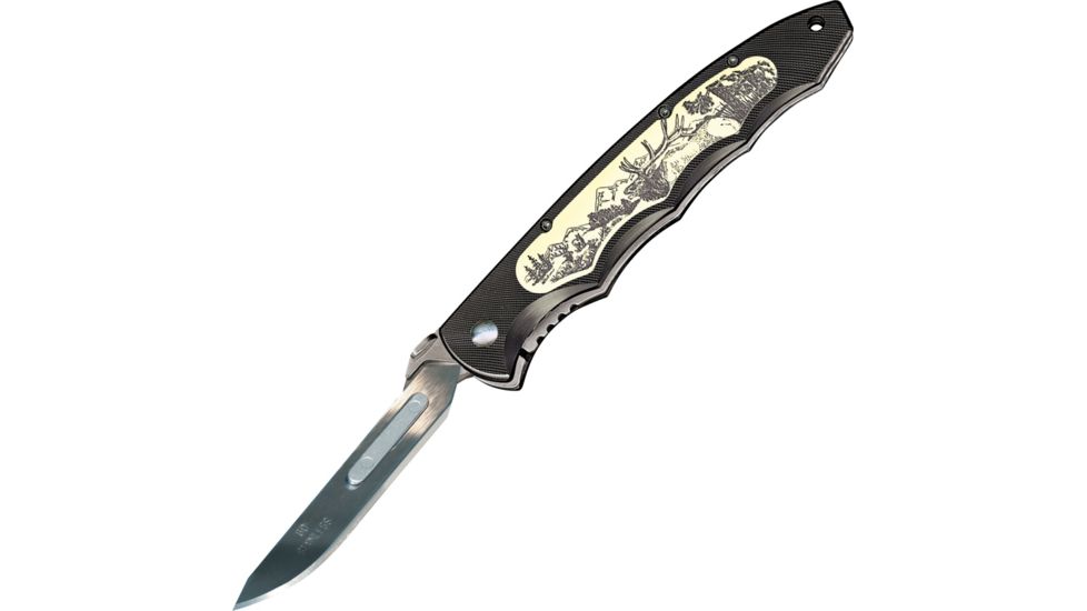 Havalon Piranta Quik-Change Folding Knife, 2.75in, Stainless Skinner Blade, Black Aluminum Handle, Elk laser scrimshaw artwork HV60ELK