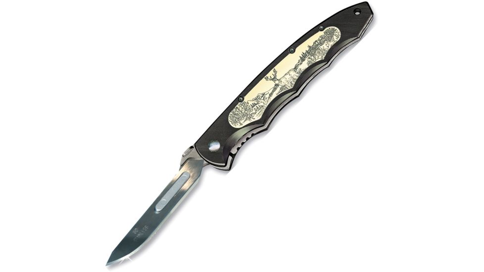 Havalon Piranta Quik-Change Folding Knife, 2.75in, Stainless Skinner Blade, Black Aluminum Handle, Whitetail laser scrimshaw artwork HV60WT