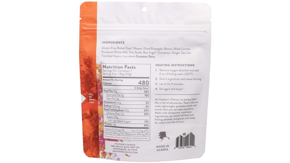 Heather's Choice Morning Glory Oatmeal Dehydrated Breakfast, 113g, 13g Of Protein, Morning Glory Oatmeal