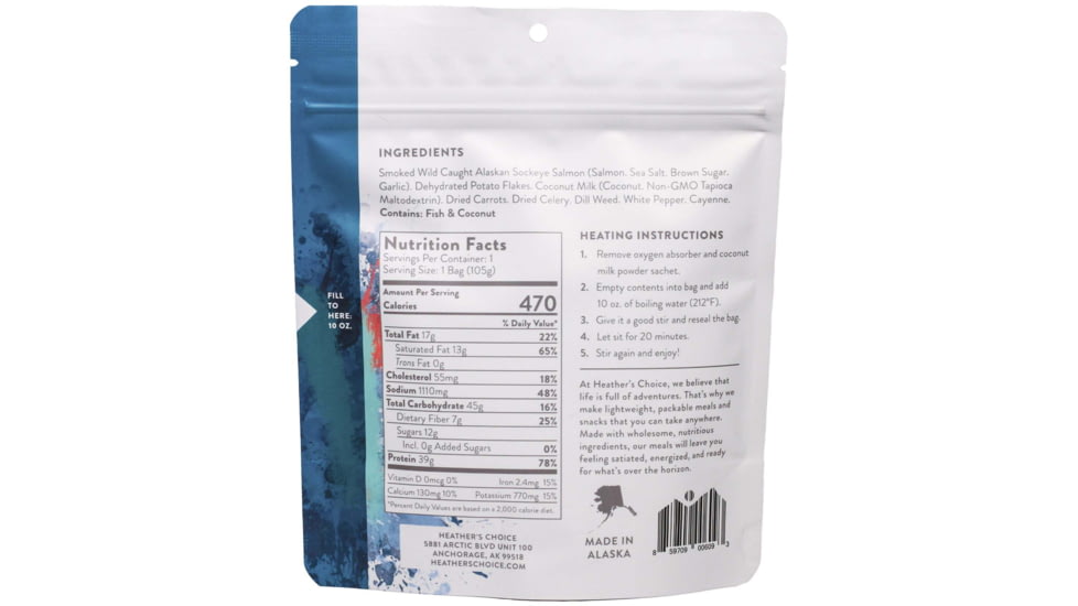 Heather's Choice Smoked Sockeye Salmon Chowder Dehydrated Dinner, 105g, 39g Of Protein, Smoked Sockeye Salmon Chowder