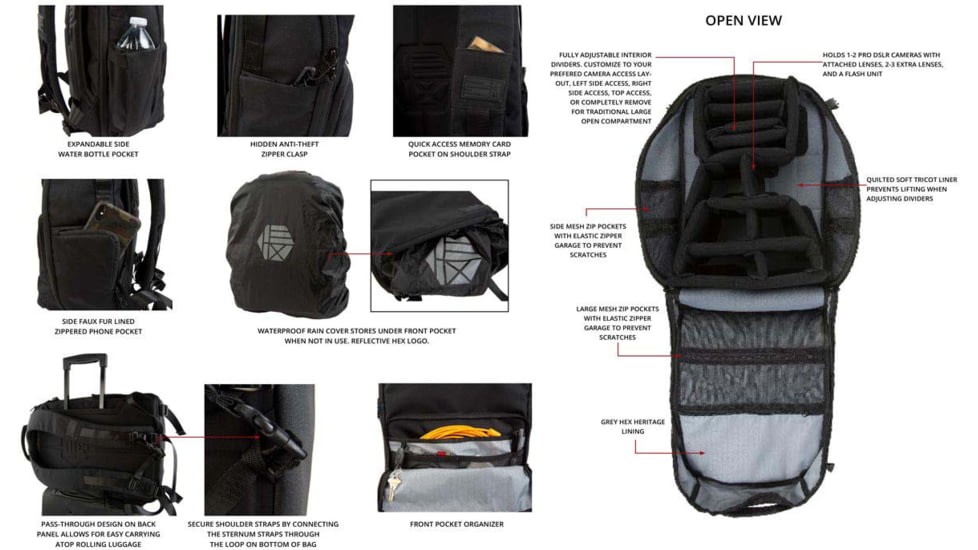Hex Ranger Clamshell Dslr Backpack, Black, HX2468-BLCK