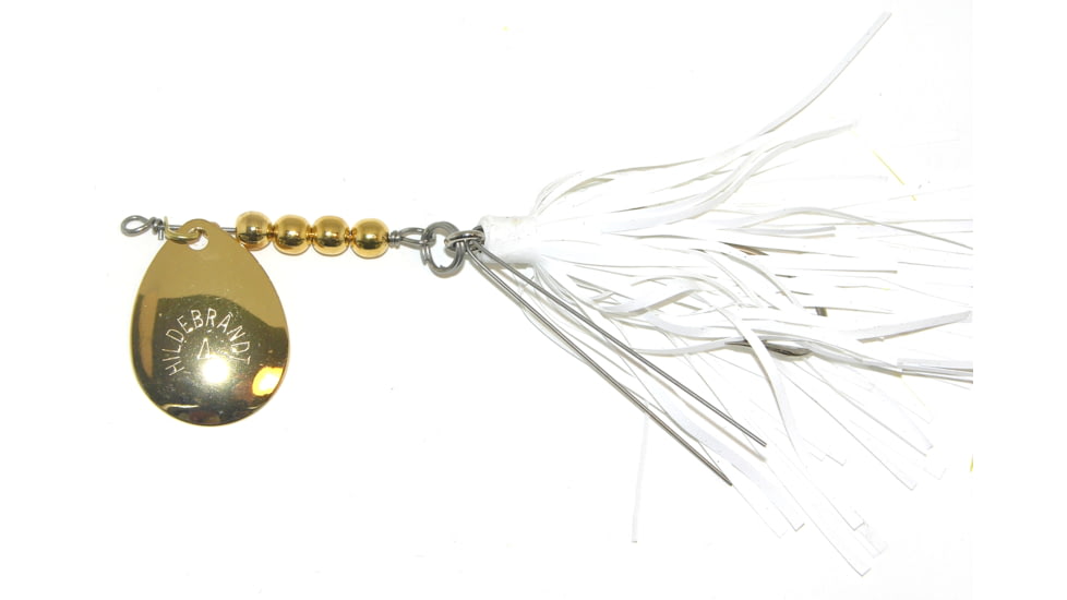 Hildebrandt Snagless Sally Spinner, 4 1/8in, 3/8 oz, 3/0 Hook White Skirt with Gold Blade, 4SSG-W