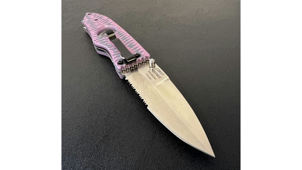 Hoffner Knives Folding Knife, 3.5in, 440c, Spear Point Blade, Chiseled Valkyrie Grip, Silver Combo Blade, FK-S3CBS-CPG