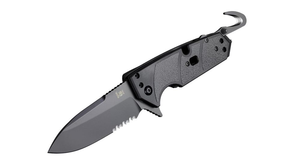 Hogue HK Karma 3.75in First Response Tool Folder Spear Point Blade, Partially Serrated Flipper, Black Finish, G10 Scales, Black 54210