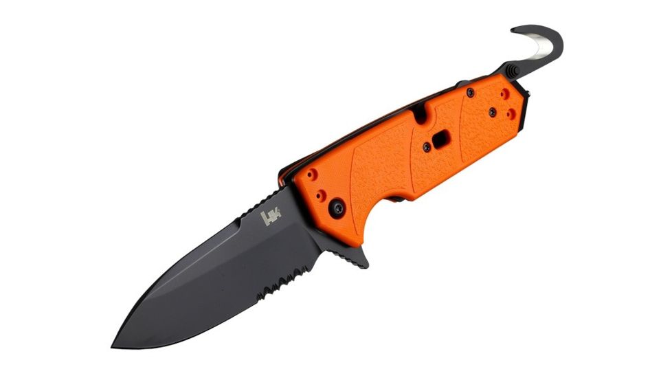 Hogue HK Karma 3.75in First Response Tool Folder Spear Point Blade, Partially Serrated Flipper, Black Finish, G10 Scales, Orange 54214