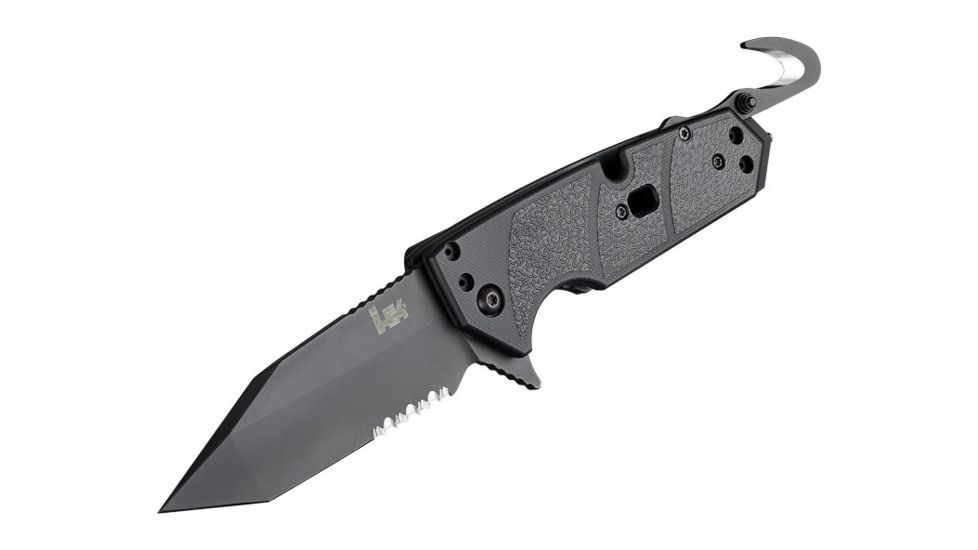 Hogue HK Karma 3.75in First Response Tool Folder Tanto Blade, Partially Serrated Flipper, Black Finish, G10 Scales, Black 54200