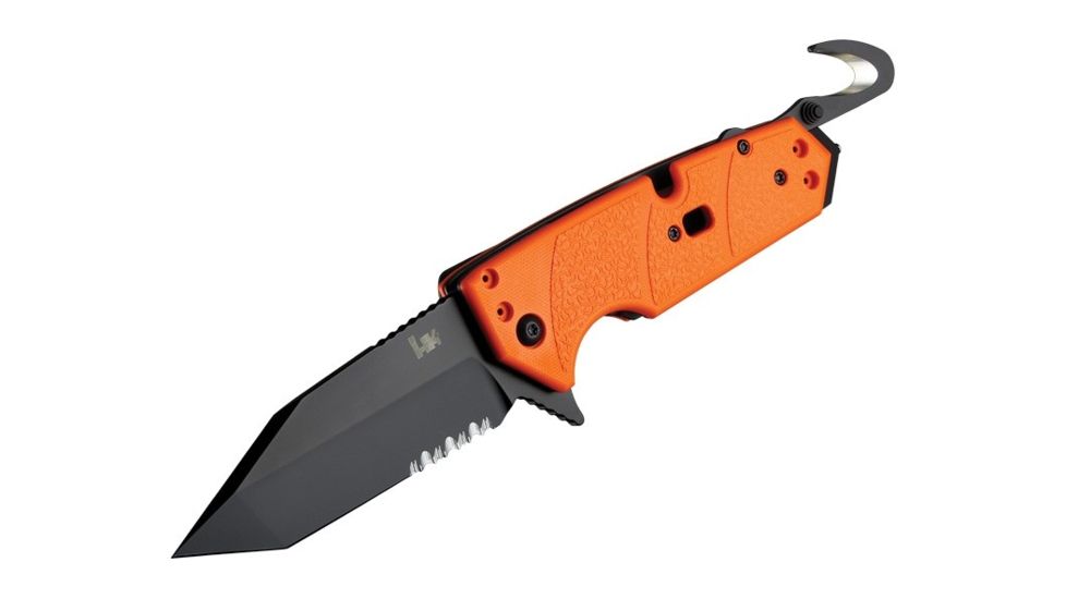 Hogue HK Karma 3.75in First Response Tool Folder Tanto Blade, Partially Serrated Flipper, Black Finish, G10 Scales, Orange 54204