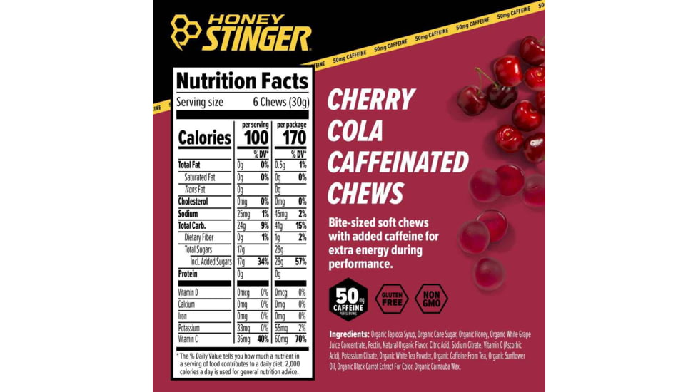 Honey Stinger Caffeinated Chews, Cherry Cola, 1.8 oz Bag, 78312