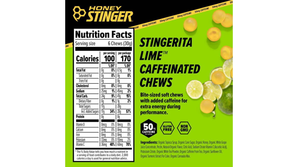 Honey Stinger Caffeinated Chews, Stingerita Lime, 1.8 oz Bag, 78412