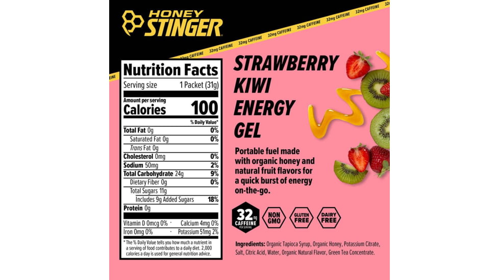 Honey Stinger Classic Energy Gels, Strawberry Kiwi/Caffeinated, 1.1oz Pack, 75224