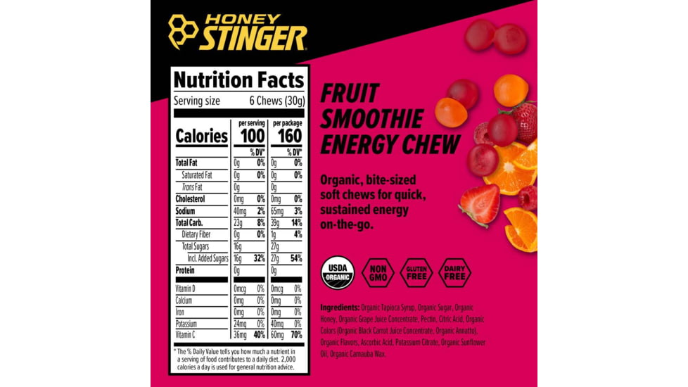 Honey Stinger Energy Chews, Fruit Smoothie/Cherry/Orange/Berry, 1.8oz Bag, 72019