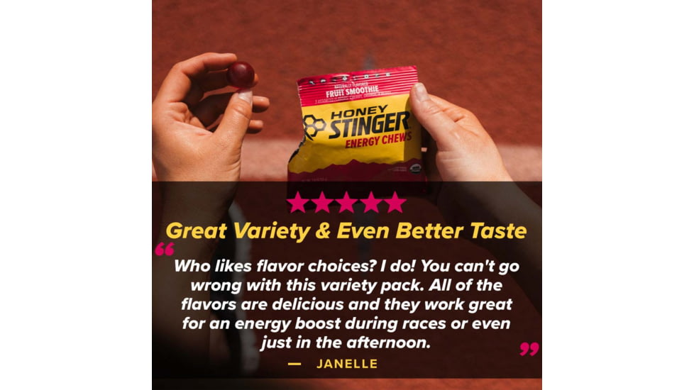 Honey Stinger Energy Chews, Fruit Smoothie/Cherry/Orange/Berry, 1.8oz Bag, 72019