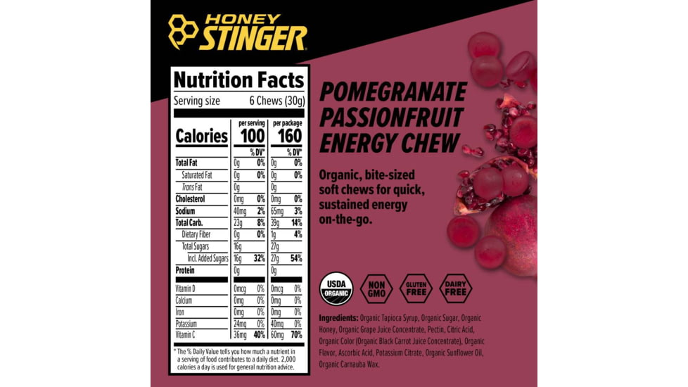 Honey Stinger Energy Chews, Pomegranate Passion Fruit, 1.8oz Bag, 72219