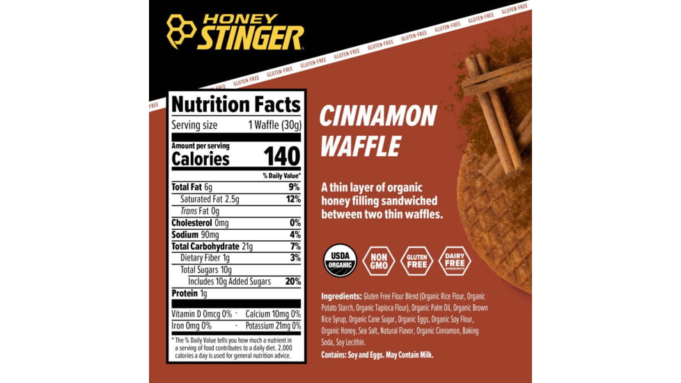 Honey Stinger Gluten Free Organic Waffle, Cinnamon, 1 oz Pack, 76212
