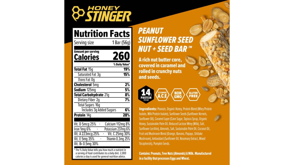 Honey Stinger Nut + Seed Bar, Peanut and Sunflower Seed, 1.98 oz, 73512