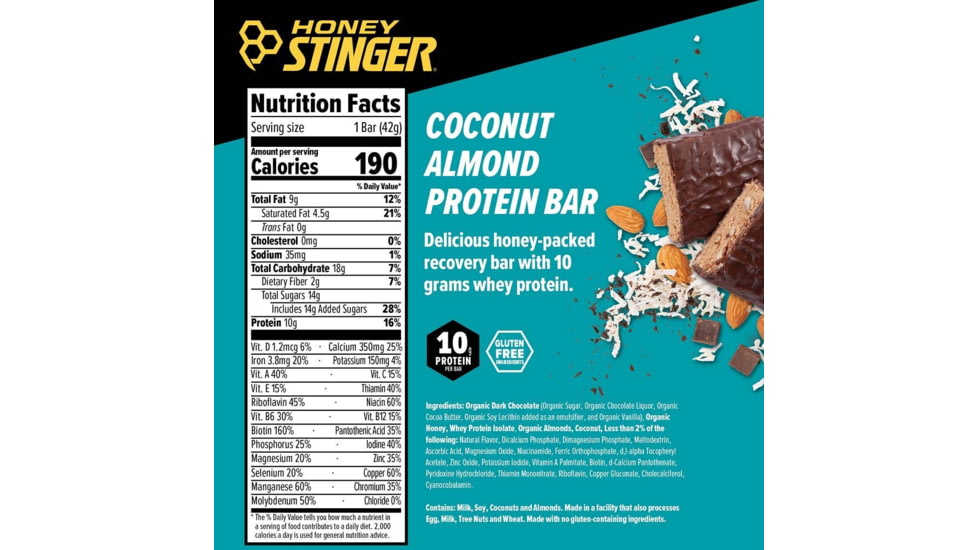 Honey Stinger Protein Bar Bar, Dark Chocolate Coconut Almond - 10g, 73119