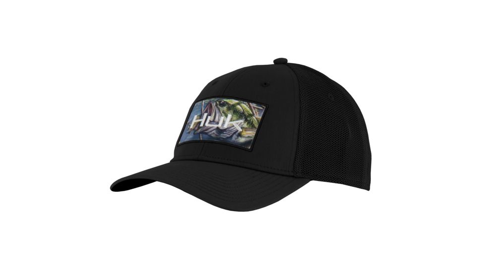 HUK 205S KScott Hat with Bass and Blue Patch, Black H3000037BLKML