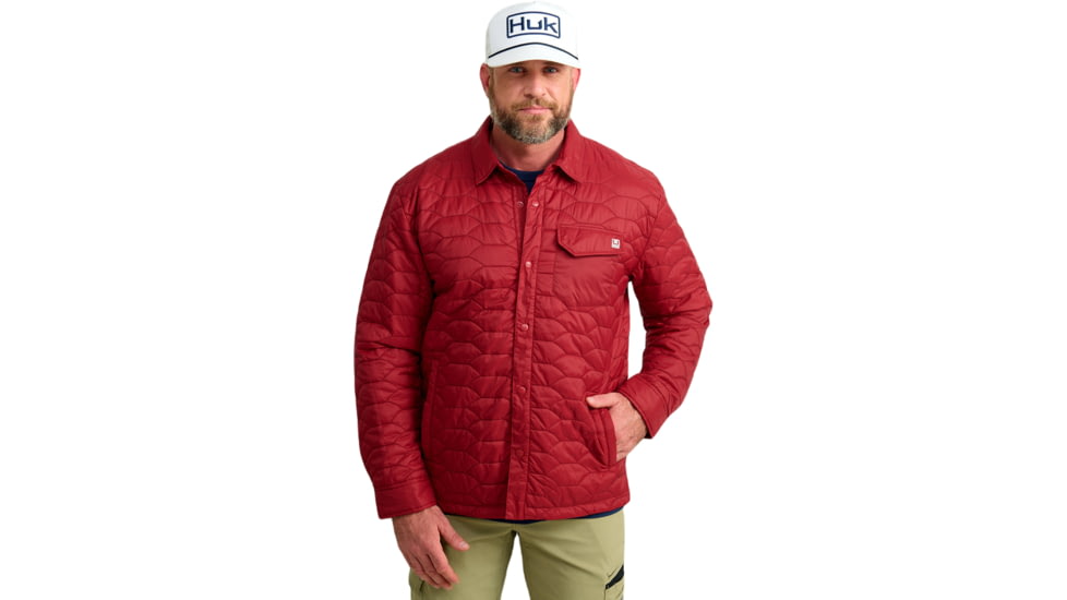 HUK Performance Fishing Scale Shacket -Mens, Scarlet Blaze, Small, H4000152-621-S
