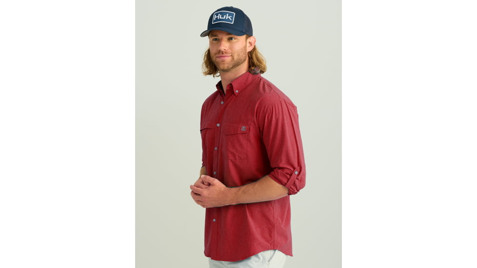 HUK Performance Fishing Tide Point Break Long Sleeve Chambray Shirt - Mens, Scarlet Blaze, Extra Large, H1500166-621-XL