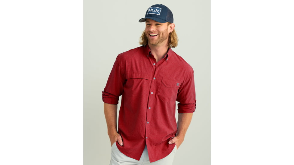 HUK Performance Fishing Tide Point Break Long Sleeve Chambray Shirt - Mens, Scarlet Blaze, Extra Large, H1500166-621-XL