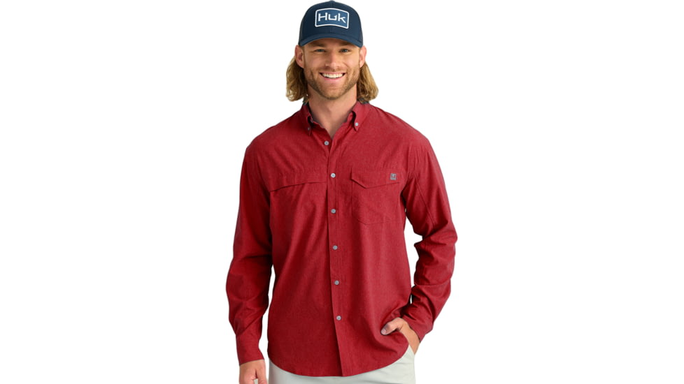 HUK Performance Fishing Tide Point Break Long Sleeve Chambray Shirt - Mens, Scarlet Blaze, Extra Large, H1500166-621-XL