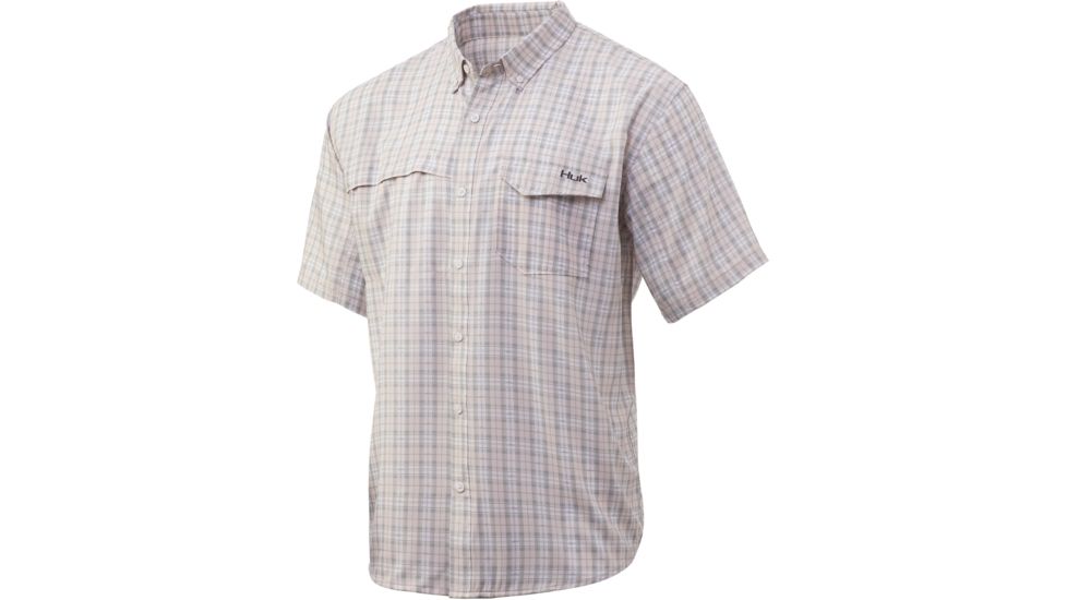 HUK Performance Fishing Tide Point Fish Plaid Short Sleeve Button Up - Mens, Seashell Pink, Medium, H1500070-682-M