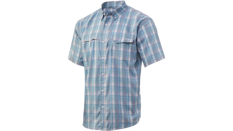 HUK Performance Fishing Tide Point Plaid Short Sleeve Button Up - Mens, Silver Blue, Extra Large, H1500068-040-XL