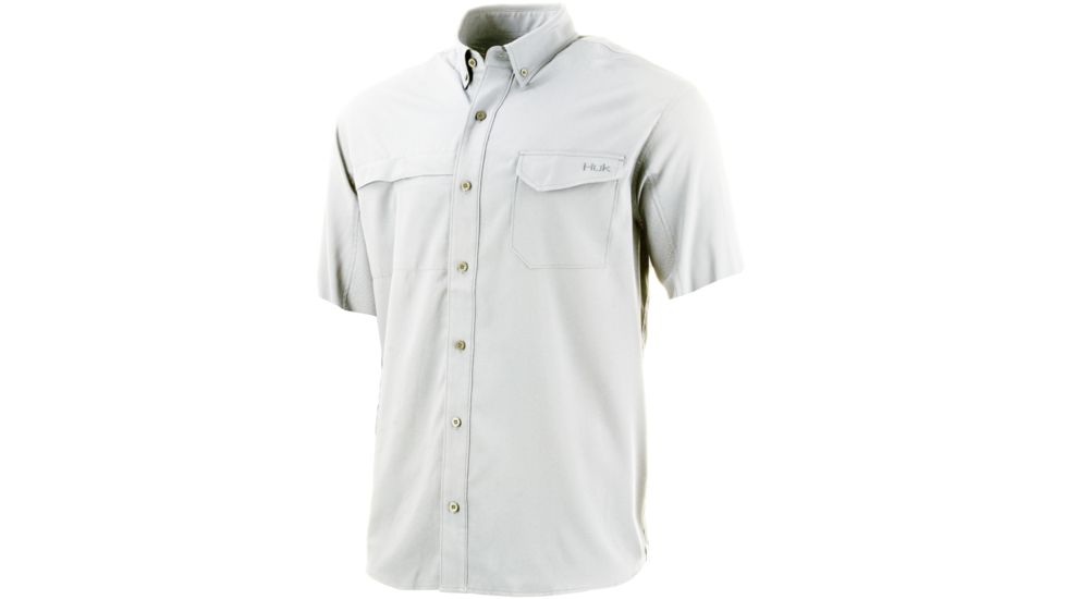 HUK Performance Fishing Tide Point Solid Short Sleeve Button Up - Mens, White, Small, H1500069-100-S