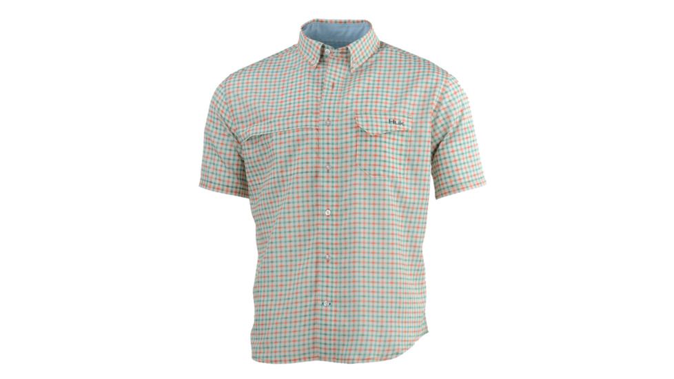 HUK Performance Fishing Tide Point Woven Plaid SS Tops, Short Sleeve - Men's, Beach Peach, 2XL, H1500043-850-XXL