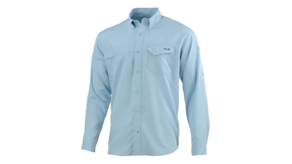 HUK Performance Fishing Tide Point Woven Solid LS Tops, Long Sleeve - Mens, Ice Blue, Large, H1500042-450-L