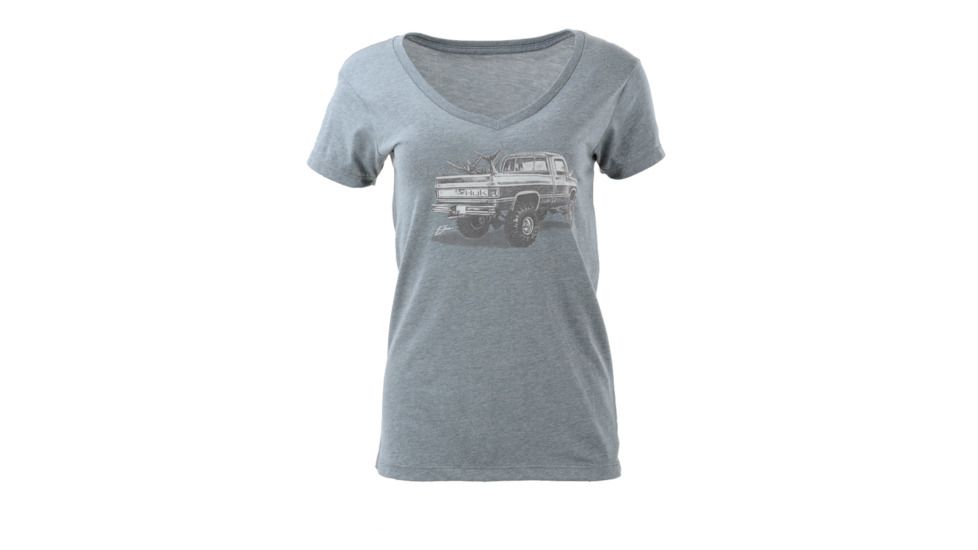 HUK Performance Fishing W Merica Vneck Tops, Short Sleeve - Womens, True Grey Heather, Large, H6100015-035-L