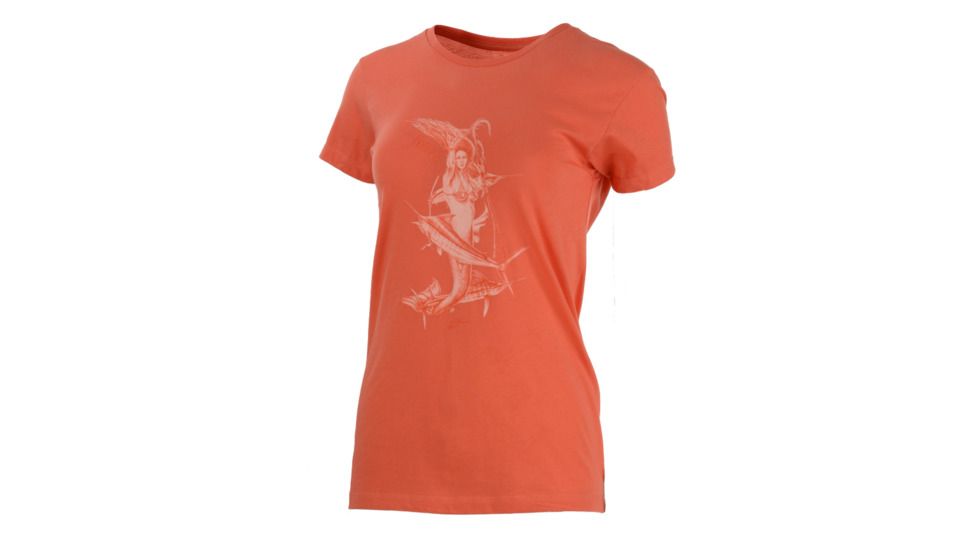 HUK Performance Fishing W Mother Ocean Crew Tops, Short Sleeve - Womens, Coral, Large, H6100018-630-L