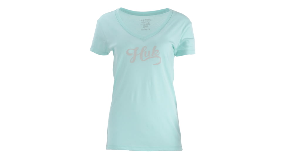 HUK Performance Fishing W Script Vneck Tops, Short Sleeve - Womens, Sea Foam, Extra Small, H6100026-350-XS